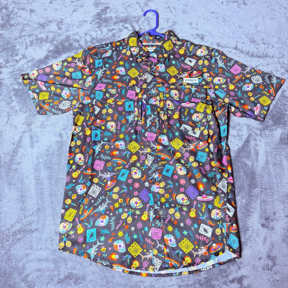 Magellan Outdoors Fish Gear SZ Small Skull Dia de los Muertos Fishing Shirt